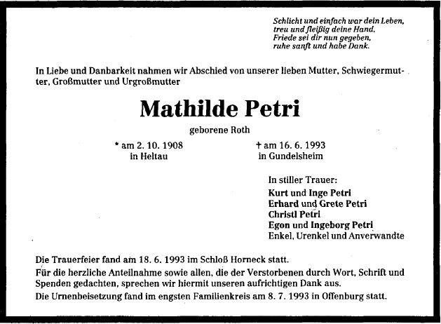 Roth Mathilde 1908-1993 Todesanzeige